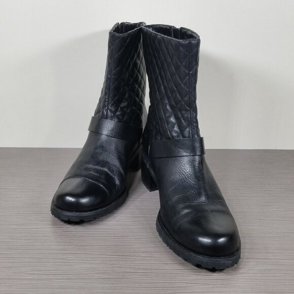 Halogen Quilted Moto Boots Block Heel Lug Sole, Black Leather, Womens Size 9 M - Picture 4 of 12